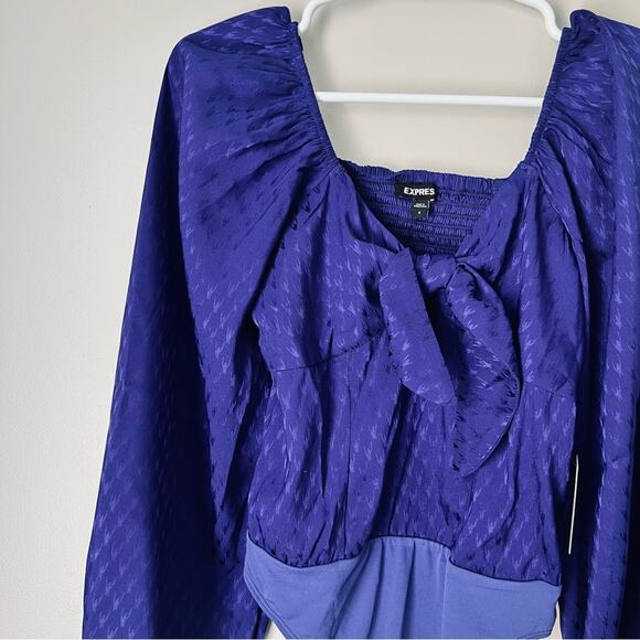 Express Women’s Blue Long Sleeve Bow Front Bodysuit Size Small - Picture 2 of 9